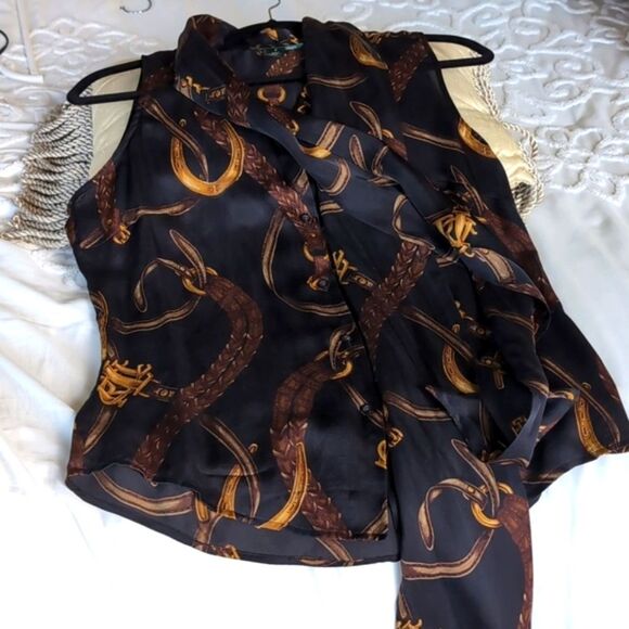 Vintage Ralph Lauren 100% Silk Equestrian Sleeveless Tie Front Blouse - Picture 5 of 12